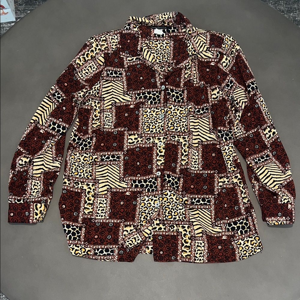 VINTAGE Paper Tag Animal Print Patchwork Button Down Shirt with Shoulder Pads